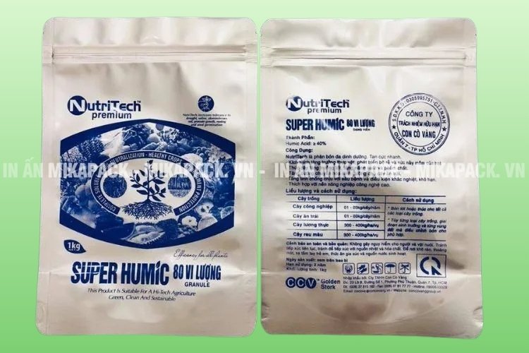 Túi zip 2 mặt bạc được in ấn làm bao bì đựng phân bón.