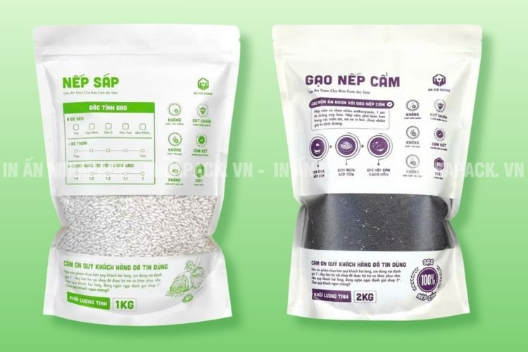 Bao bì gạo nếp bằng túi zip thiết kế đơn giản, trưng bày bắt mắt.