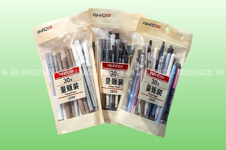 Bao bì văn phòng phẩm kiểu túi zip đáy đứng mới lạ.