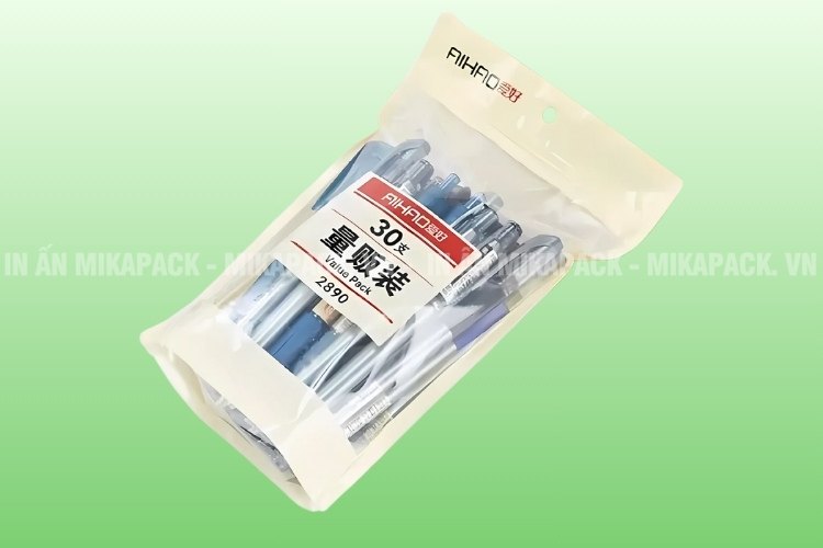 Bao bì văn phòng phẩm kiểu túi zip đáy đứng.