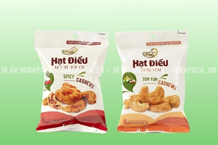 Bao bì hạt điều màng ghép kiểu dáng túi hàn lưng. 