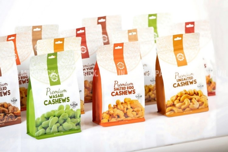 Bao bì hạt điều làm từ màng ghép phức hợp, in ấn bền đẹp.