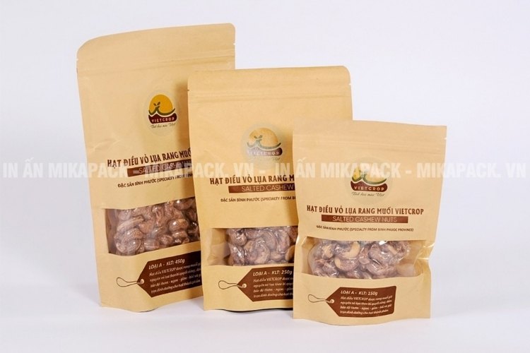 Bao bì hạt điều loại túi zip giấy kraft thân thiện với môi trường.