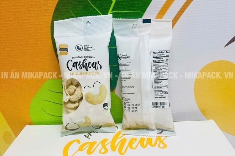 Mẫu bao bì hạt điều kiểu túi hàn lưng in ấn sắc nét.