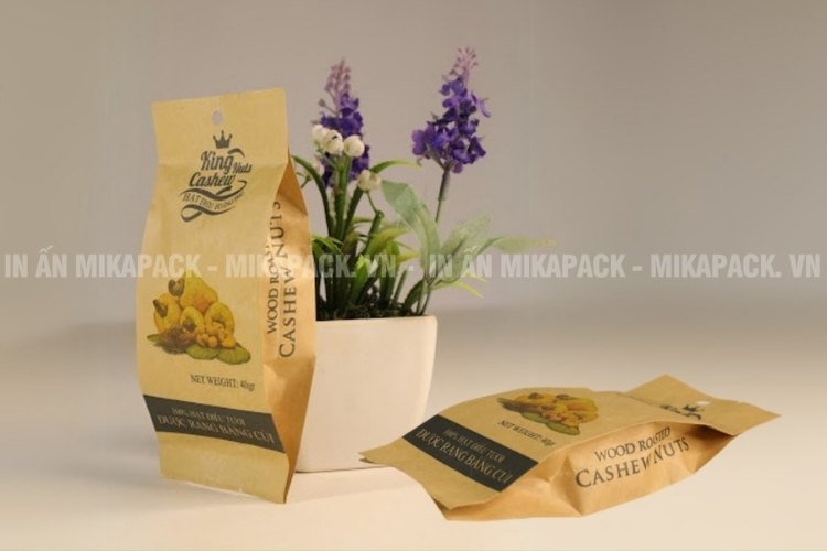 Mẫu bao bì hạt điều kiểu túi xếp hông, in ấn hình ảnh minh họa chân thực.