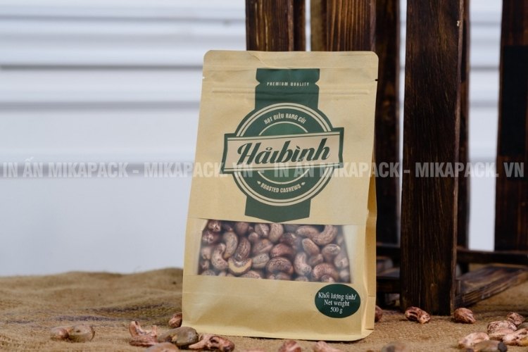 Mẫu bao bì hạt điều loại túi zip giấy kraft in ấn màu sắc tự nhiên, mộc mạc.