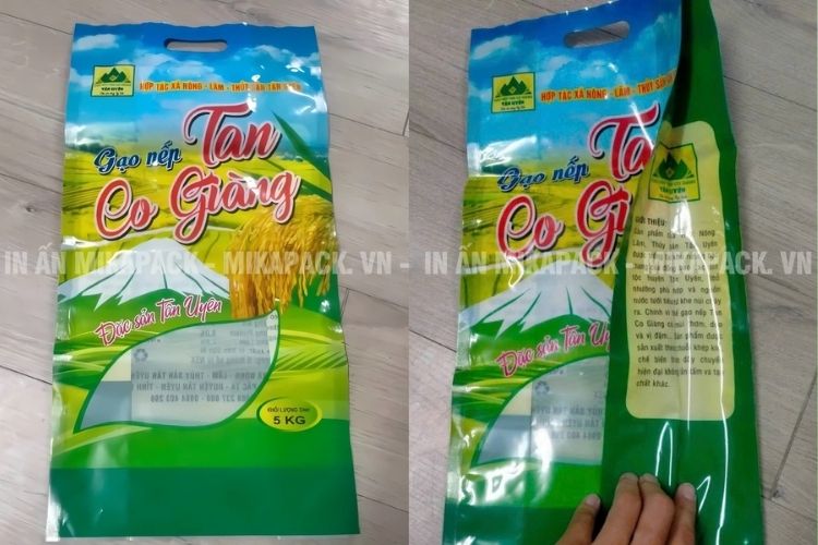 Màng ngoài PET giúp bao bì gạo sáng bóng, hỗ trợ in ấn sắc nét, lên màu chuẩn.