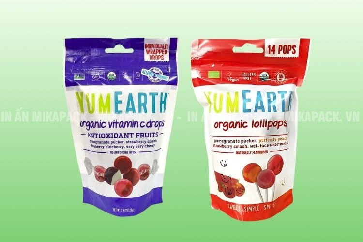 Mẫu bao bì túi zip đựng bánh kẹo, in ấn màu sắc tươi sáng.