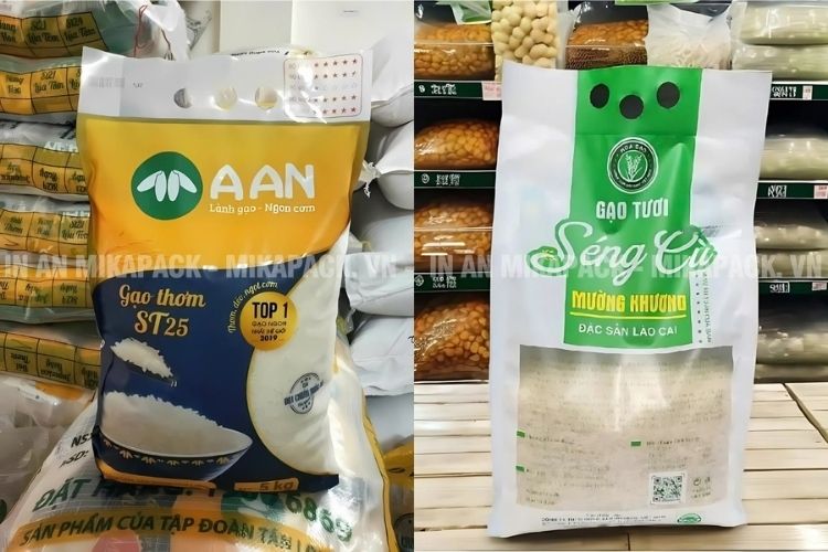 Phong cách thiết kế bao bì gạo hiện đại, màu sắc hài hòa, bắt mắt.