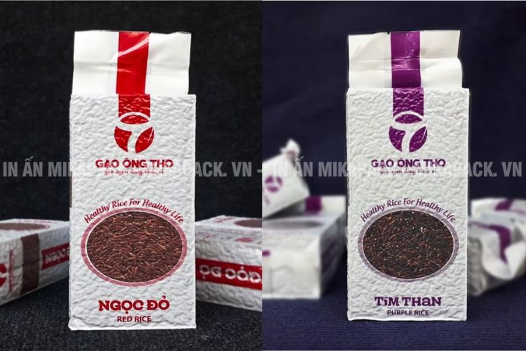 Thiết kế bao bì gạo hút chân không màu sắc nổi bật, ấn tượng.