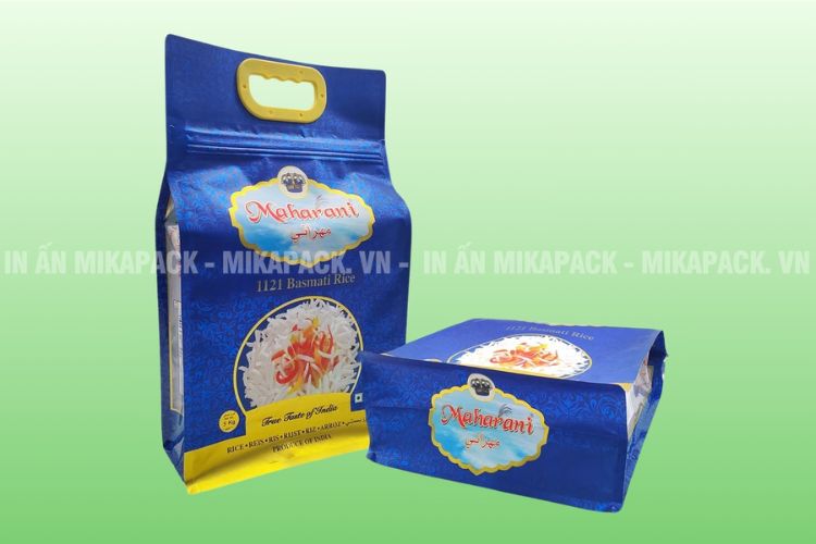 Thiết kế bao bì gạo kiểu dáng túi zip 8 cạnh có quai nhựa.