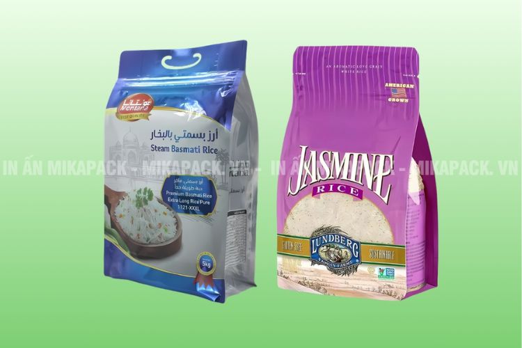 Thiết kế bao bì gạo kiểu dáng túi zip 8 cạnh.