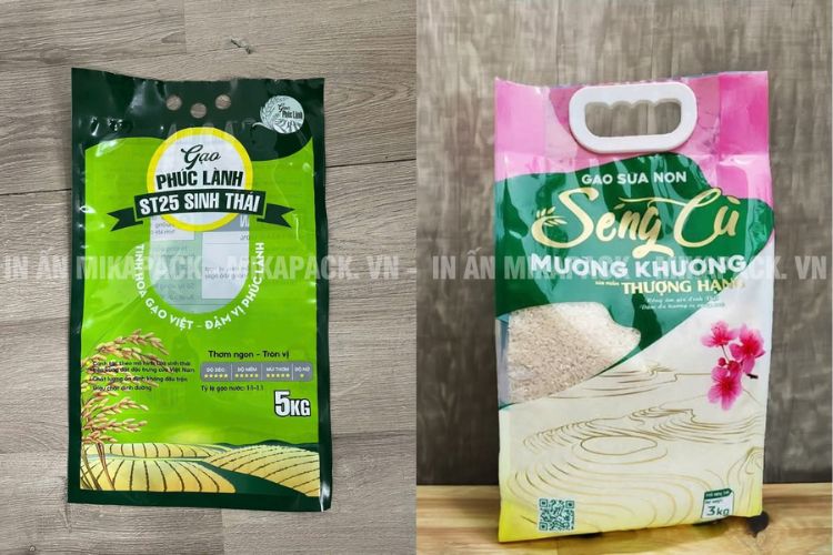 Thiết kế bao bì gạo màng ghép hình ảnh chân thực.