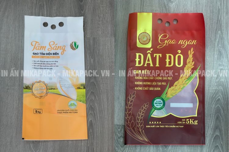Thiết kế bao bì gạo màng ghép màu sắc bắt mắt.