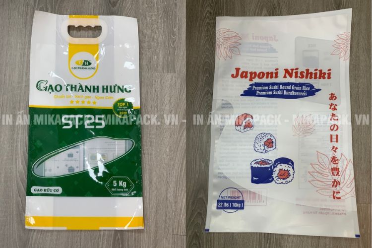 Thiết kế bao bì gạo màng ghép tông trắng tinh tế.