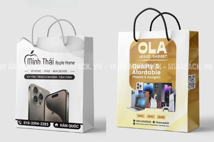 Mẫu túi giấy điện thoại in chuyển màu (gradient) xu hướng công nghệ.