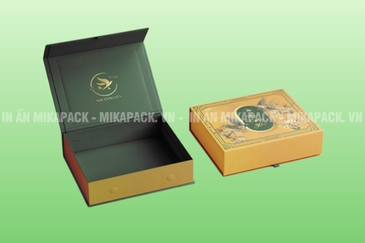 Mẫu in hộp đựng quà Tết kết hợp giữa màu xanh và màu vàng nhã nhặn