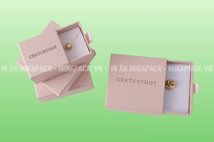 Mẫu in hộp đựng trang sức nắp rút màu hồng ngọt ngào
