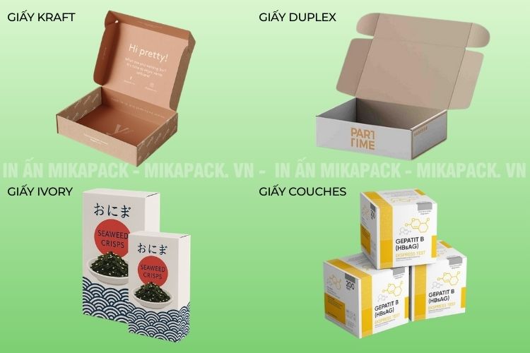 In hộp giấy số lượng ít phổ biến với chất liệu giấy Kraft, Duplex, Ivory, Couches