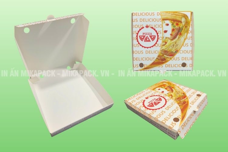 Hộp giấy đựng pizza thường làm từ chất liệu giấy Carton, Ivory, Duplex, Kraft