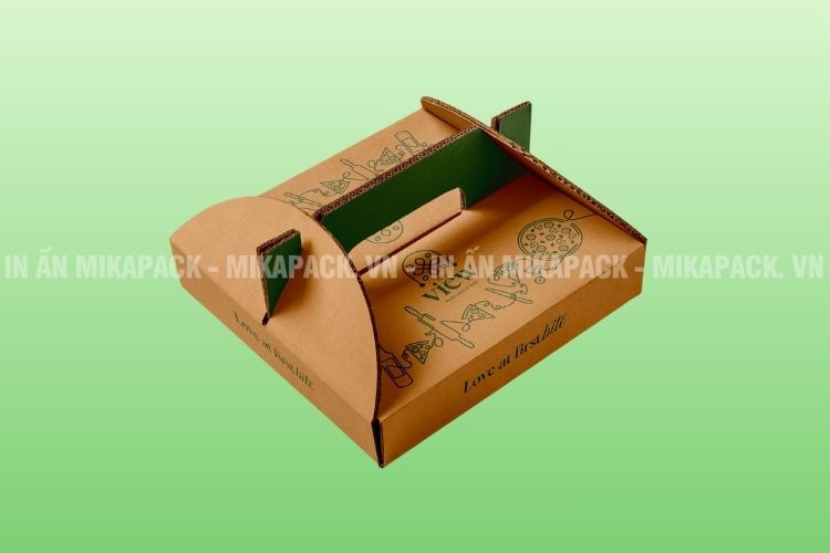 Mẫu hộp pizza sử dụng giấy Kraft nâu, in mực xanh đơn sắc